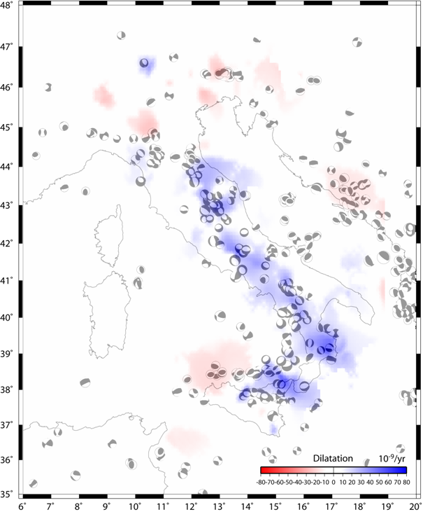 Dilatation rates and seismicity of Italy.