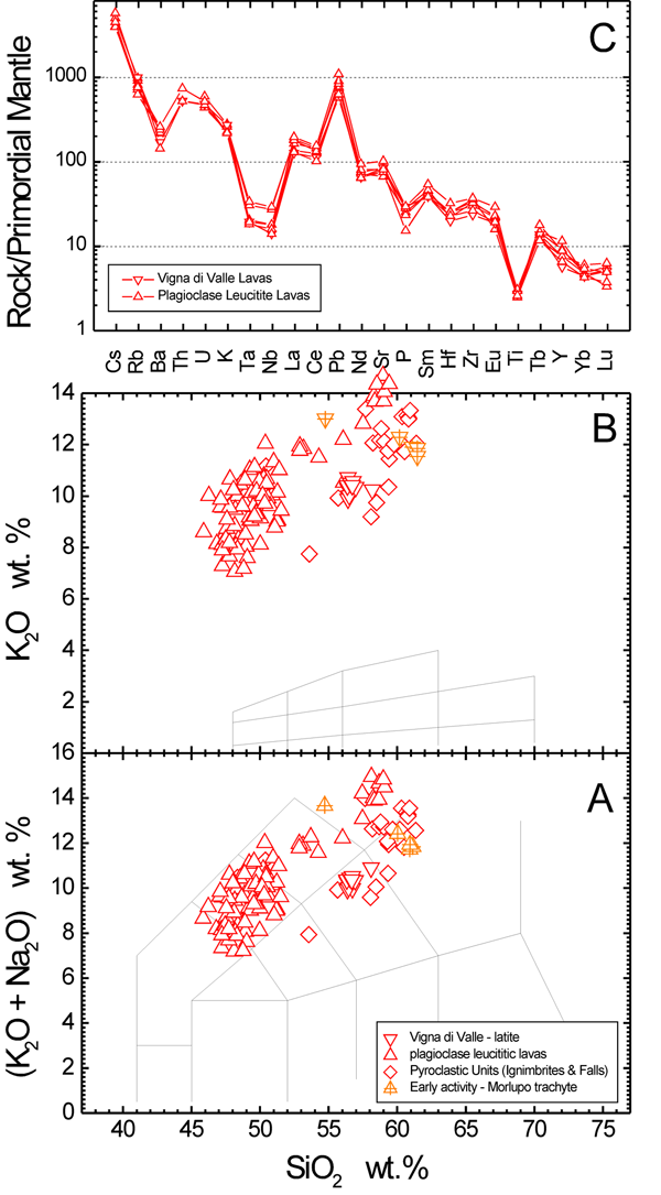 Classification and incompatible trace element characteristics of Pleistocene volcanic rocks from Sabatini volcanoes.