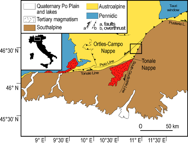 Geological sketch of the Central-Eastern Italian Alps and localization of the Ulten Zone (square).