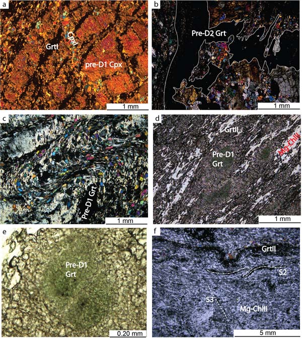Pre-Alpine and Alpine microstructures in Garnet-chlorite-clinopyroxene-bearing rodingites.