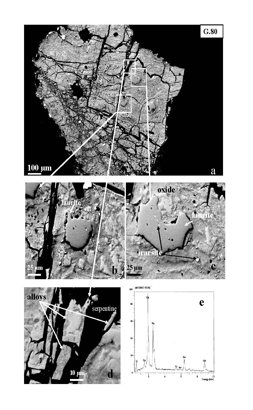 Back-scattered electron (BSE) images of extremely large PGM grain, composed by Or-Ir-Ru-oxides and remnants of laurite-irarsite assemblages.