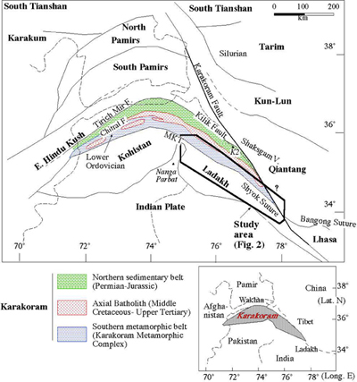 Schematic map of the Pamir-Karakoram-NW Himalaya syntaxis, with location of principal tectonic blocks and sutures