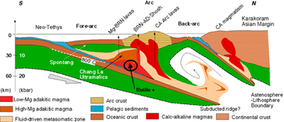 Schematic cross-section of the Kohistan-Ladakh Arc, derived from geochemical data