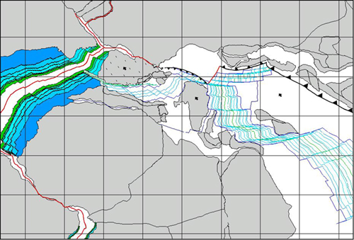 Acceleration field of Africa withrespect to Eurasia at 110.0 Ma (Lower Albian).