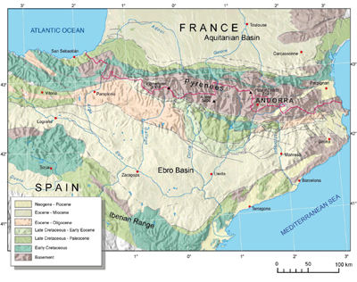 Map of the Pyrenees combining topography and geology