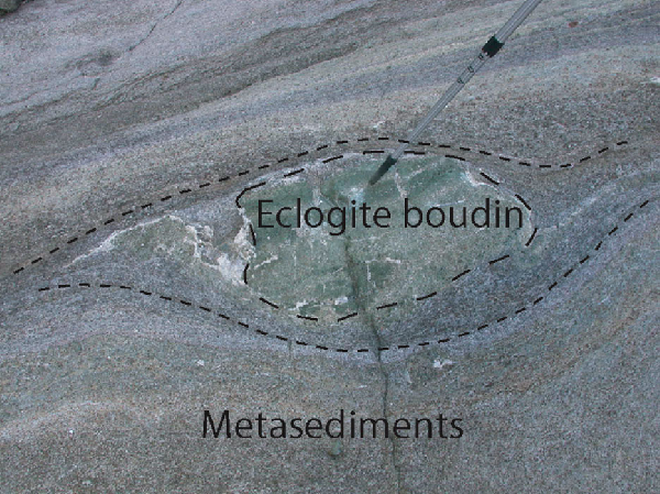 Eclogite boudinaged in metasediments