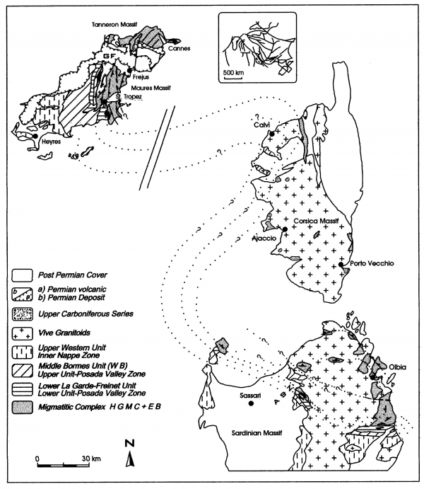 Geological relationships between Sardinia-Corsica and Maures Massifs