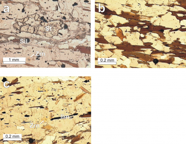 Thin section photographs from a cordierite-bearing schist