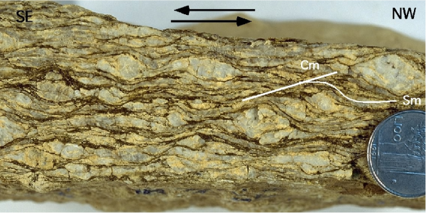 Shear bands in granitic augen gneiss