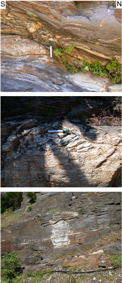 Three examples of deformed pegmatite