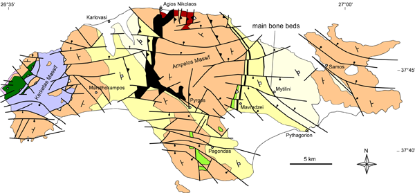 Map showing outcrops of bone beds.