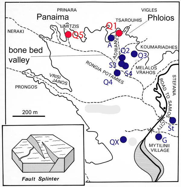 Detailed map showing bone bed valley NNW of Mytilini.