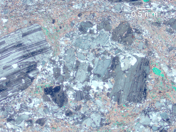 Shattered plagioclase clast with infilling of quartz.