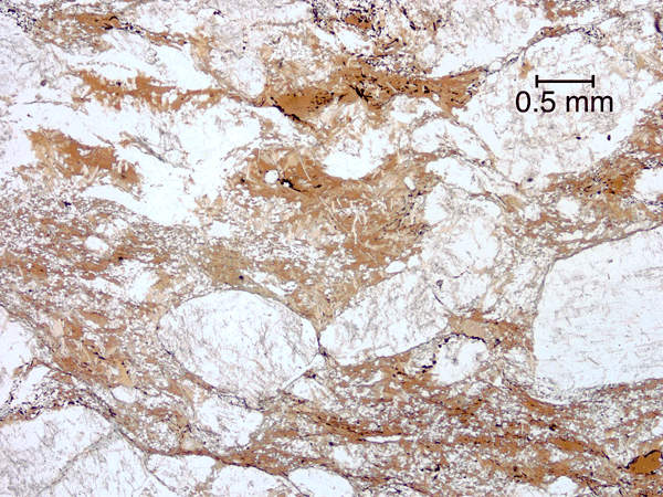 Fine-grained, biotite-rich matrix in the most strongly deformed rock.