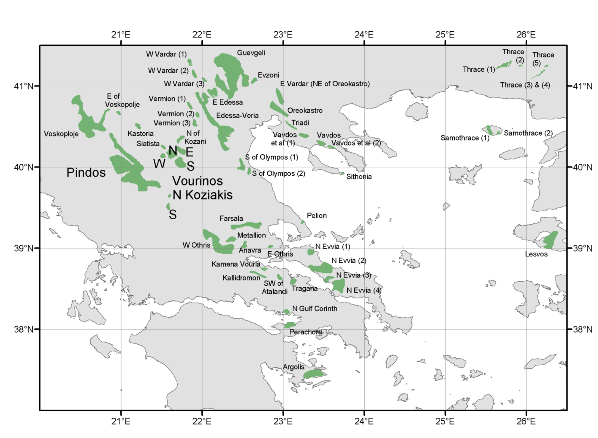 Distribution of ophiolitic rocks in the Hellenides.