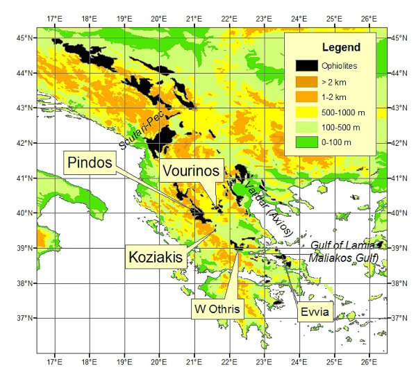 Distribution of ophiolitic rocks in the Hellenides and former Yugoslavia.