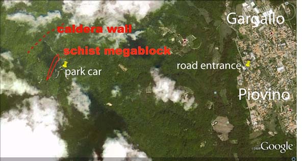 Location of the caldera wall