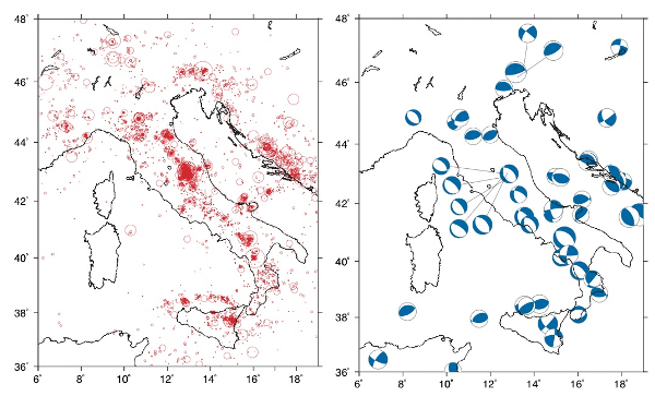 Earthquake hypocentres and Centroid moment sensor solutions