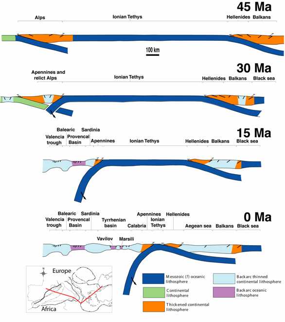 Within the Cenozoic evolution of the Mediterranean, Italy was shaped by the Alpine and Apeninnes subduction zones.