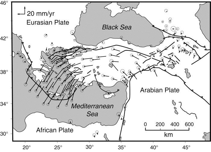 Plate setting and GPS velocity vectors for Eastern Mediterranean.