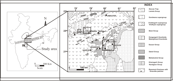 Outline Geological Map of the Indian Shield (inset) and the Central Indian Shield