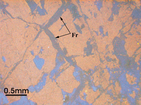 Cathodoluminescence image of silicified cataclastic rock