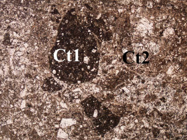 Clasts of older cataclastic rock within later cataclastic rock