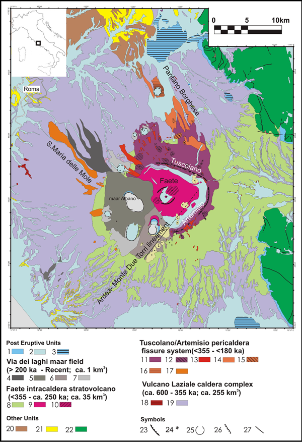 Geological sketch map of the Colli Albani (Alban Hills) district (Roman Magmatic Province).