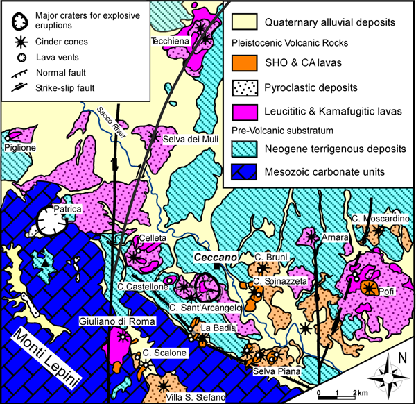 Geological sketch map of the Middle Latin Valley district (Roman Magmatic Province).