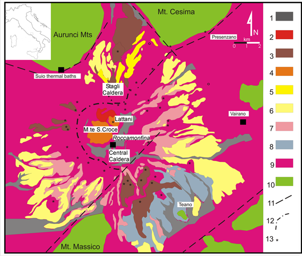 Geological sketch map of the Roccamonfina district (Roman Magmatic Province).