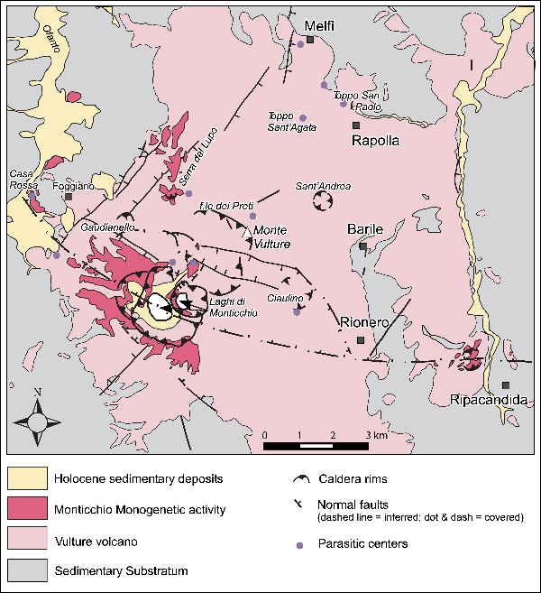 Geological sketch map of the Monte Vulture volcano (Lucanian Magmatic Province).