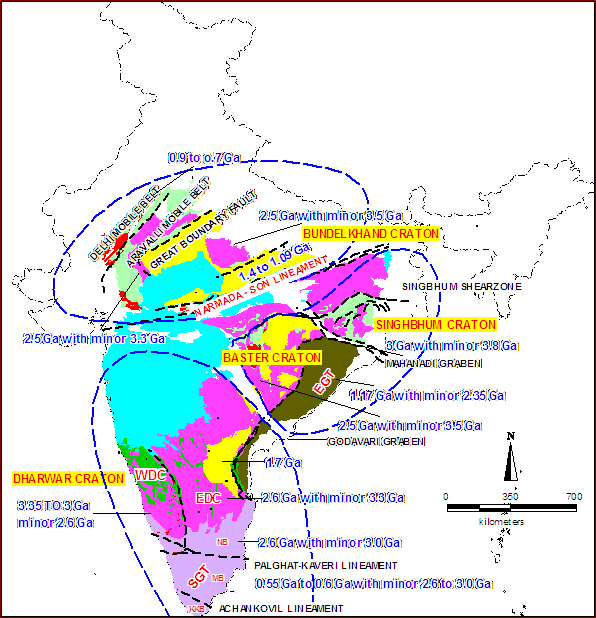Typical ages of the 5 mapped cratonic elements of the Indian shield