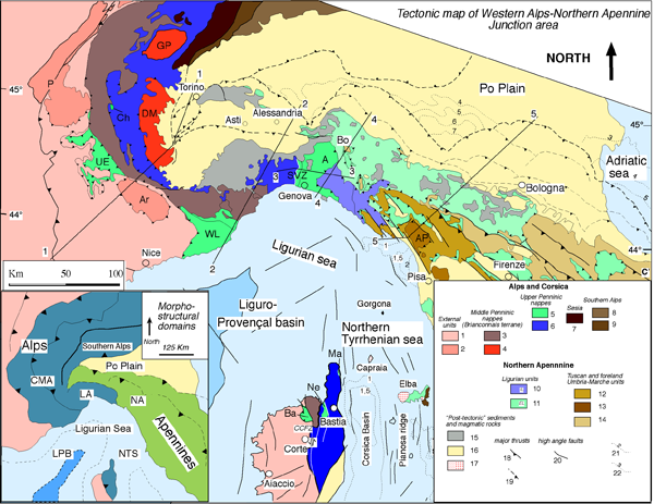 Tectonic map of Western Alps/Northern Apennine junction area, with inset of the main structural domains of the system.