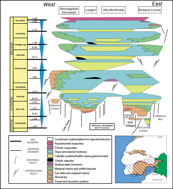 Wheeler diagram showing the stratigraphic framework of Tertiary Piedmont Basin.