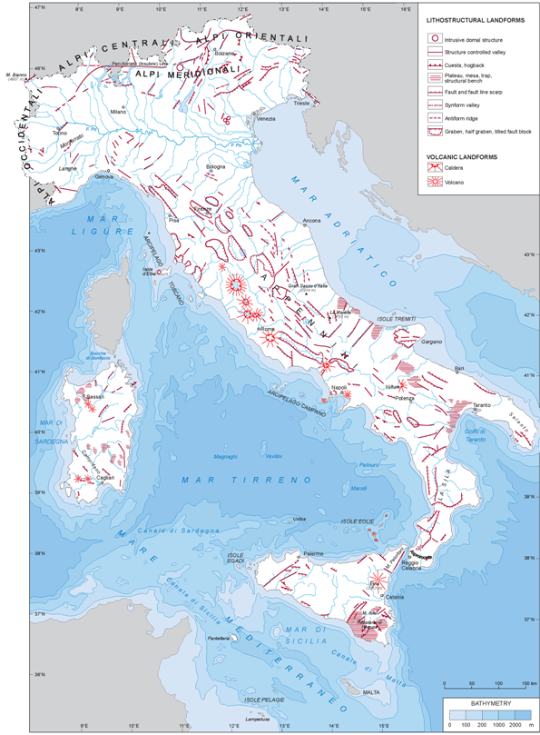 Italy main lithostructural and volcanic landforms.