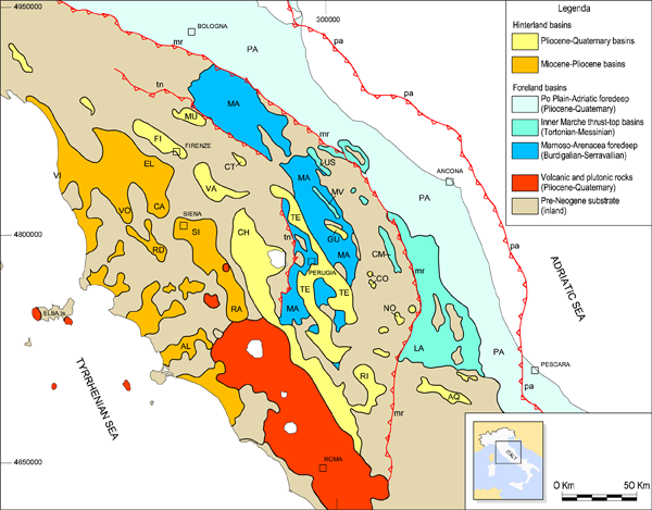 Geological sketch of the Neogene-Quaternary basins of the Northern Apennines.