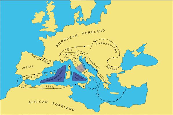 Peri-Mediterranean orogens and location map