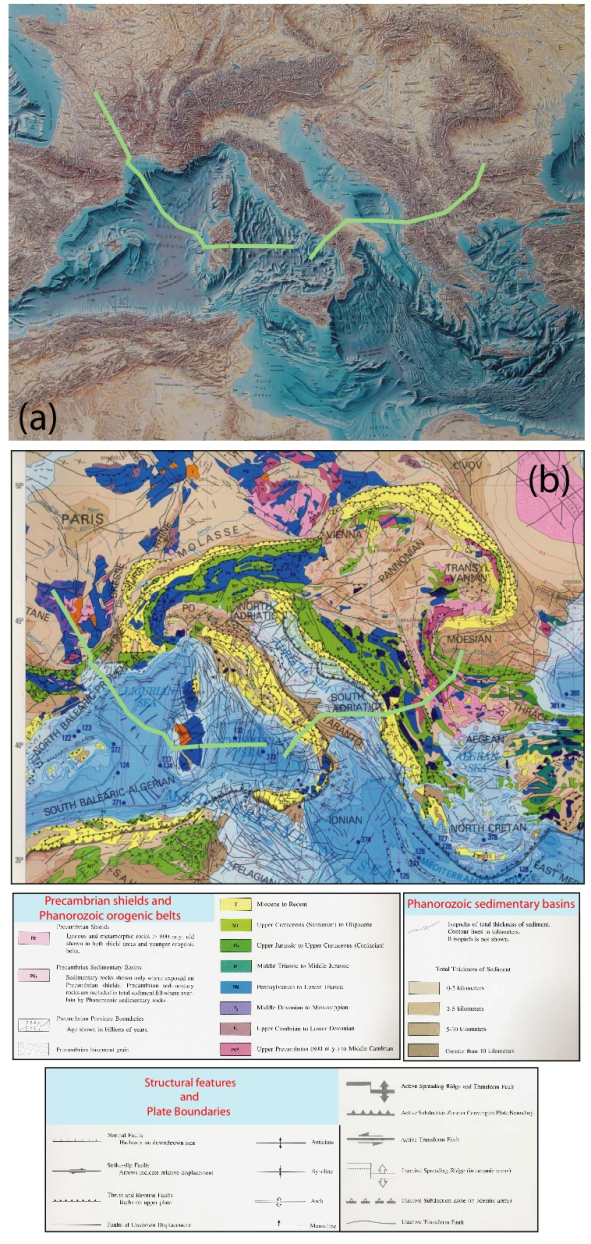 Topography-bathymetry and geological map of the Mediterranean area.