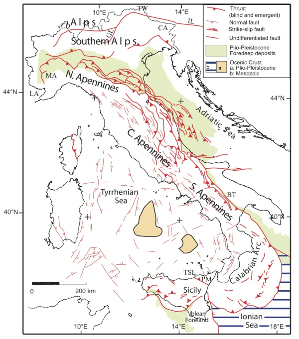 Simplified structural map of Italy (modified from Consiglio Nazionale delle Ricerche, 1992; Scrocca, 2006).