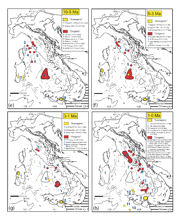 Magmatic activity of the Italian area at different time spans, from 65 Ma to Present (a-h).