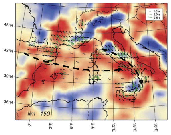 Seismic anisotropy in the central-western Mediterranean and P-wave mantle tomography at the depth of 150 km (after Lucente et al., 2006).