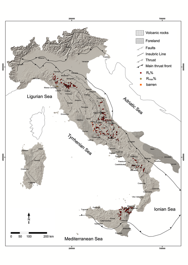Distribution of organic matter thermal maturity data along the Apennines and Sicily