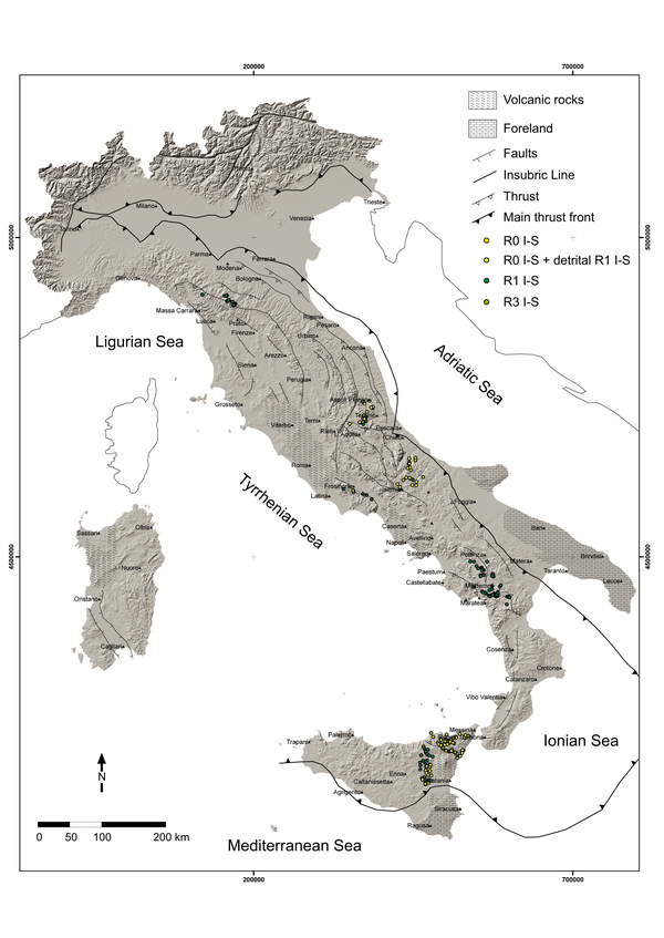 Distribution of illite content in mixed layers I-S along the Apennines and Sicily