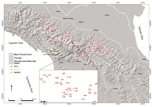 Distribution of organic matter thermal maturity data in the Northern Apennines