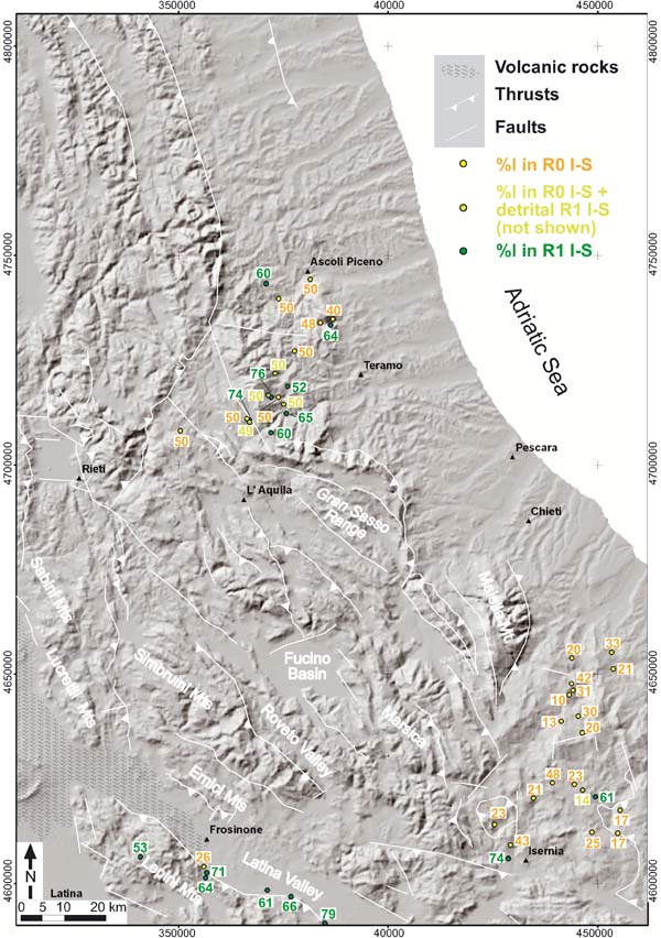 Distribution of illite content in mixed layer I-S data in the Central Apennines