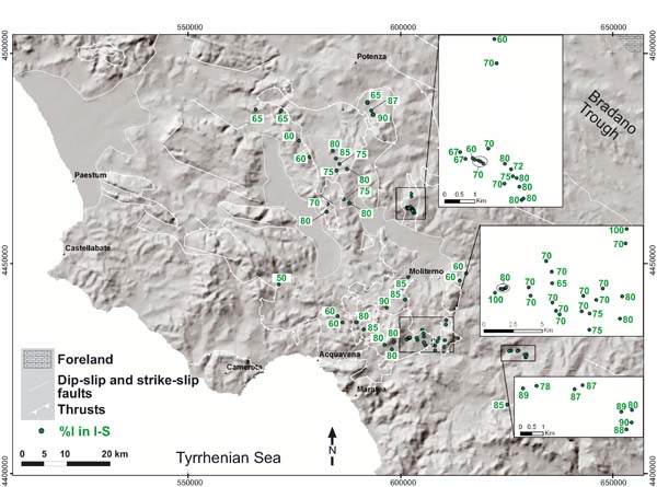 Distribution of illite content in mixed layer I-S data in the Southern Apennines
