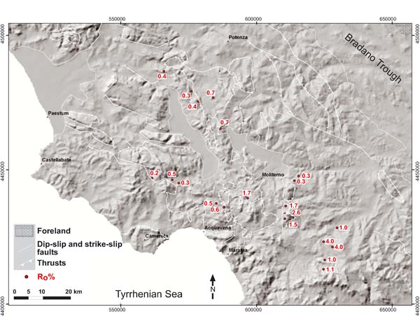 Distribution of organic matter thermal maturity data in the Southern Apennines