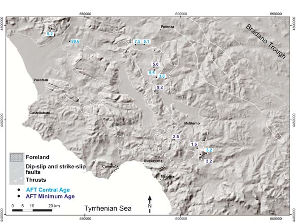 Distribution of thermochronological data in the Southern Apennines