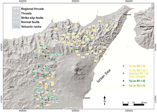 Distribution of illite content in mixed layers I-S data in the Eastern Sicily