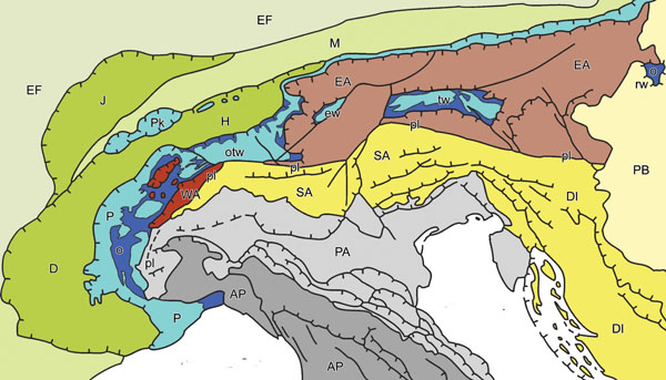 Tectonic map of the Alps.